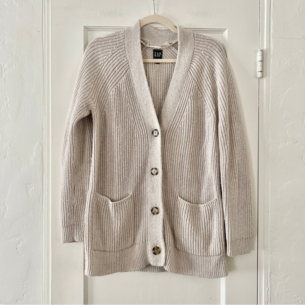 GAP ribbed cream oat white long v neck cardigan sweater oversized wool cotton S